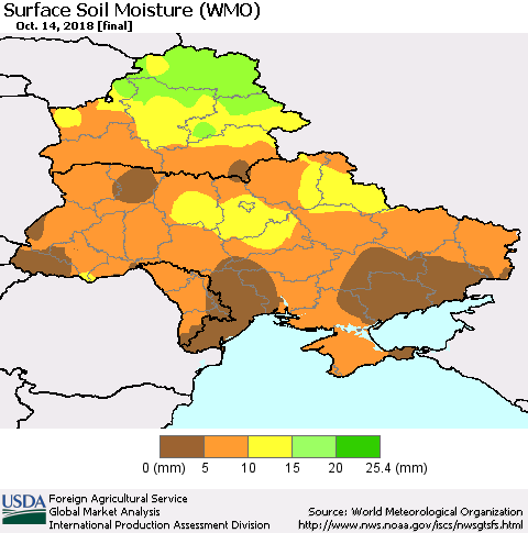 Ukraine, Moldova and Belarus Surface Soil Moisture (WMO) Thematic Map For 10/8/2018 - 10/14/2018