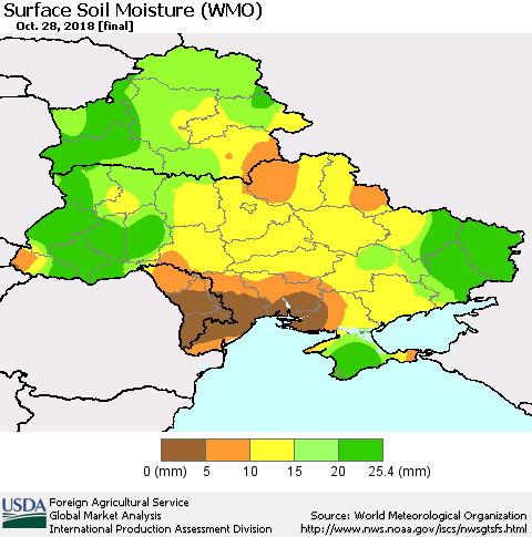Ukraine, Moldova and Belarus Surface Soil Moisture (WMO) Thematic Map For 10/22/2018 - 10/28/2018