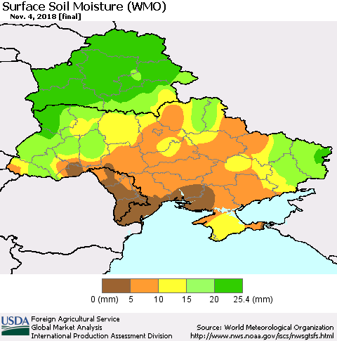 Ukraine, Moldova and Belarus Surface Soil Moisture (WMO) Thematic Map For 10/29/2018 - 11/4/2018