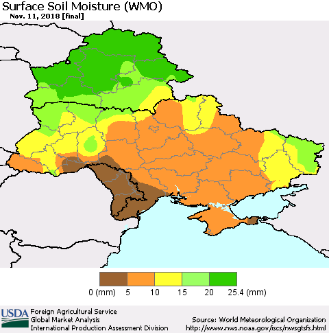 Ukraine, Moldova and Belarus Surface Soil Moisture (WMO) Thematic Map For 11/5/2018 - 11/11/2018