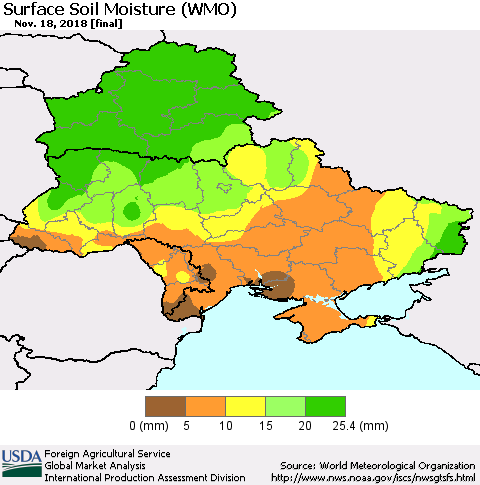 Ukraine, Moldova and Belarus Surface Soil Moisture (WMO) Thematic Map For 11/12/2018 - 11/18/2018