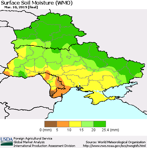 Ukraine, Moldova and Belarus Surface Soil Moisture (WMO) Thematic Map For 3/4/2019 - 3/10/2019