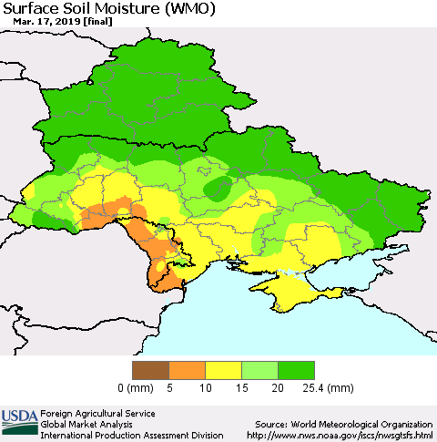 Ukraine, Moldova and Belarus Surface Soil Moisture (WMO) Thematic Map For 3/11/2019 - 3/17/2019