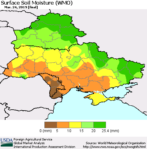 Ukraine, Moldova and Belarus Surface Soil Moisture (WMO) Thematic Map For 3/18/2019 - 3/24/2019