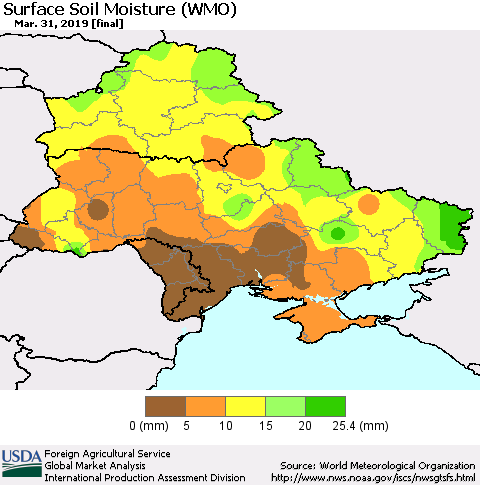 Ukraine, Moldova and Belarus Surface Soil Moisture (WMO) Thematic Map For 3/25/2019 - 3/31/2019