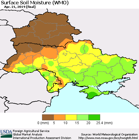 Ukraine, Moldova and Belarus Surface Soil Moisture (WMO) Thematic Map For 4/15/2019 - 4/21/2019