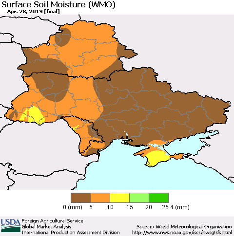 Ukraine, Moldova and Belarus Surface Soil Moisture (WMO) Thematic Map For 4/22/2019 - 4/28/2019