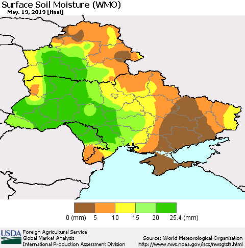 Ukraine, Moldova and Belarus Surface Soil Moisture (WMO) Thematic Map For 5/13/2019 - 5/19/2019