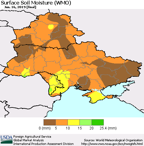 Ukraine, Moldova and Belarus Surface Soil Moisture (WMO) Thematic Map For 6/10/2019 - 6/16/2019