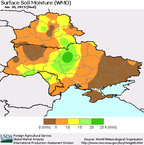 Ukraine, Moldova and Belarus Surface Soil Moisture (WMO) Thematic Map For 6/24/2019 - 6/30/2019