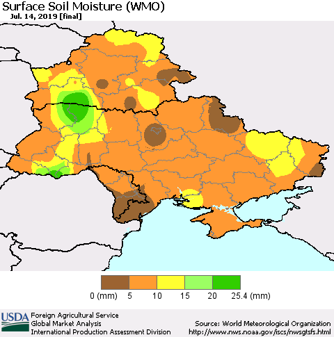 Ukraine, Moldova and Belarus Surface Soil Moisture (WMO) Thematic Map For 7/8/2019 - 7/14/2019