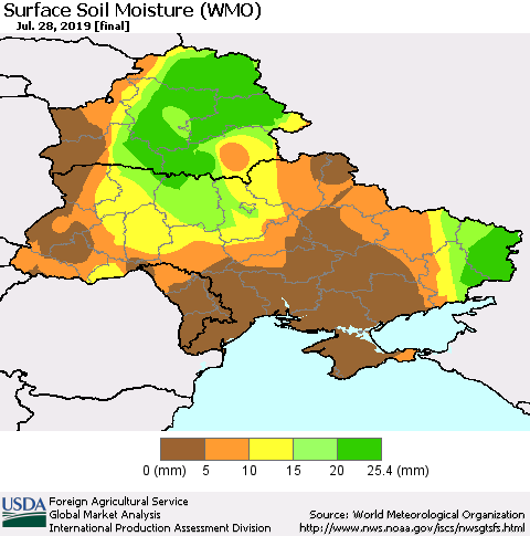 Ukraine, Moldova and Belarus Surface Soil Moisture (WMO) Thematic Map For 7/22/2019 - 7/28/2019