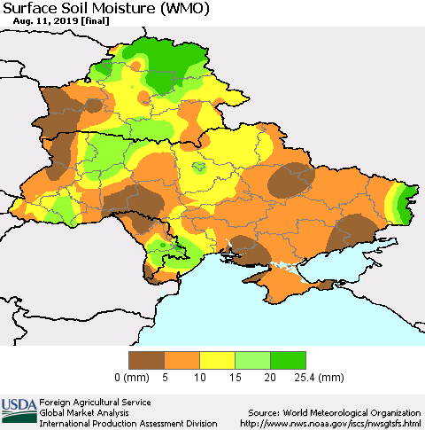 Ukraine, Moldova and Belarus Surface Soil Moisture (WMO) Thematic Map For 8/5/2019 - 8/11/2019