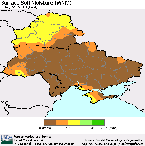 Ukraine, Moldova and Belarus Surface Soil Moisture (WMO) Thematic Map For 8/19/2019 - 8/25/2019