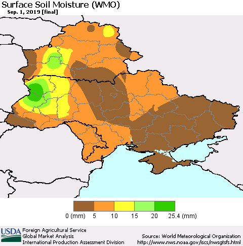 Ukraine, Moldova and Belarus Surface Soil Moisture (WMO) Thematic Map For 8/26/2019 - 9/1/2019