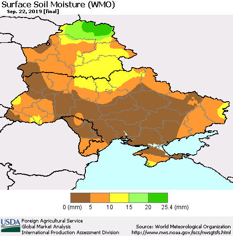 Ukraine, Moldova and Belarus Surface Soil Moisture (WMO) Thematic Map For 9/16/2019 - 9/22/2019