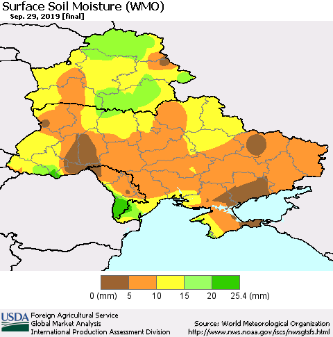 Ukraine, Moldova and Belarus Surface Soil Moisture (WMO) Thematic Map For 9/23/2019 - 9/29/2019