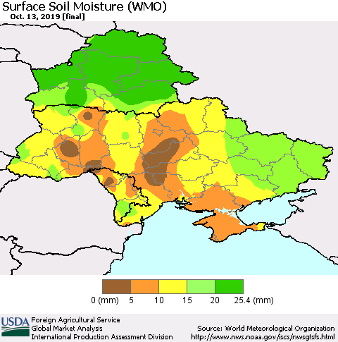 Ukraine, Moldova and Belarus Surface Soil Moisture (WMO) Thematic Map For 10/7/2019 - 10/13/2019