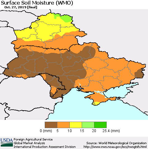 Ukraine, Moldova and Belarus Surface Soil Moisture (WMO) Thematic Map For 10/21/2019 - 10/27/2019