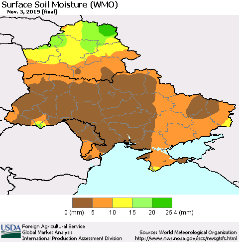 Ukraine, Moldova and Belarus Surface Soil Moisture (WMO) Thematic Map For 10/28/2019 - 11/3/2019