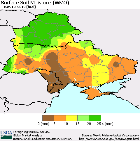 Ukraine, Moldova and Belarus Surface Soil Moisture (WMO) Thematic Map For 11/4/2019 - 11/10/2019