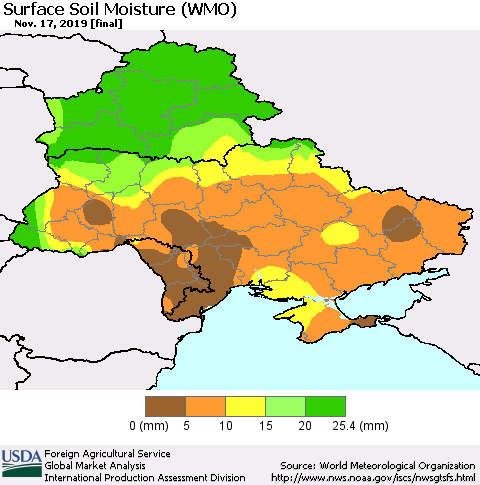 Ukraine, Moldova and Belarus Surface Soil Moisture (WMO) Thematic Map For 11/11/2019 - 11/17/2019