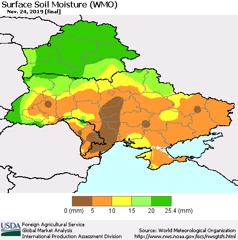 Ukraine, Moldova and Belarus Surface Soil Moisture (WMO) Thematic Map For 11/18/2019 - 11/24/2019
