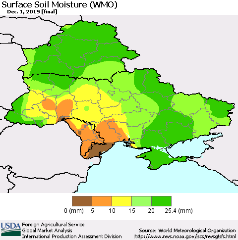 Ukraine, Moldova and Belarus Surface Soil Moisture (WMO) Thematic Map For 11/25/2019 - 12/1/2019