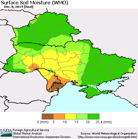 Ukraine, Moldova and Belarus Surface Soil Moisture (WMO) Thematic Map For 12/2/2019 - 12/8/2019