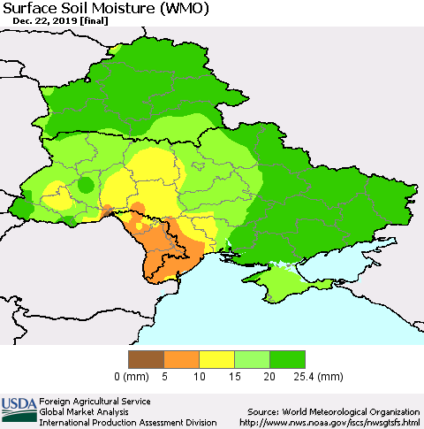 Ukraine, Moldova and Belarus Surface Soil Moisture (WMO) Thematic Map For 12/16/2019 - 12/22/2019