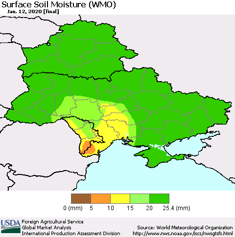 Ukraine, Moldova and Belarus Surface Soil Moisture (WMO) Thematic Map For 1/6/2020 - 1/12/2020