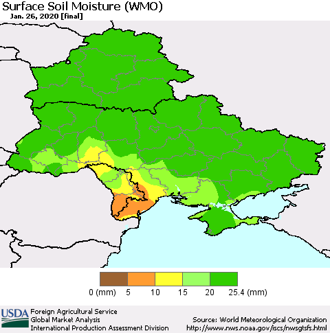 Ukraine, Moldova and Belarus Surface Soil Moisture (WMO) Thematic Map For 1/20/2020 - 1/26/2020