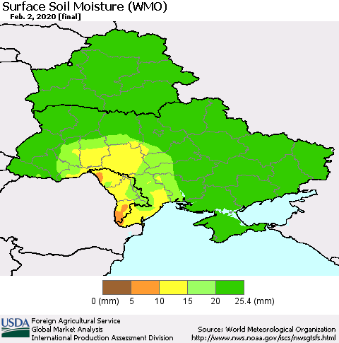 Ukraine, Moldova and Belarus Surface Soil Moisture (WMO) Thematic Map For 1/27/2020 - 2/2/2020