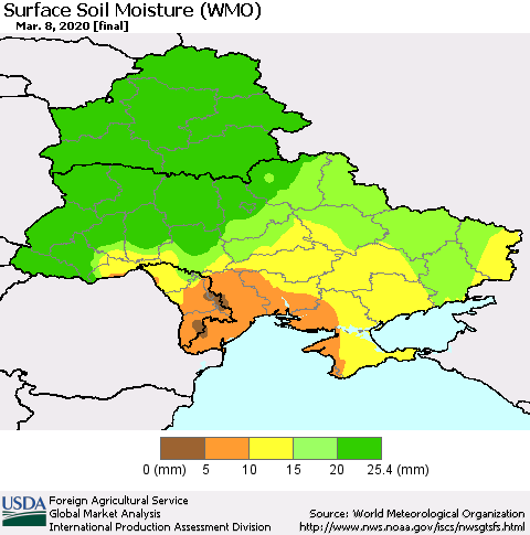 Ukraine, Moldova and Belarus Surface Soil Moisture (WMO) Thematic Map For 3/2/2020 - 3/8/2020