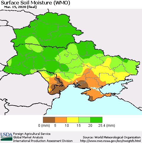 Ukraine, Moldova and Belarus Surface Soil Moisture (WMO) Thematic Map For 3/9/2020 - 3/15/2020
