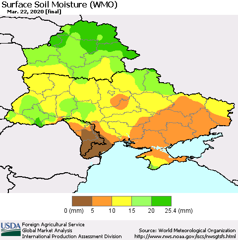 Ukraine, Moldova and Belarus Surface Soil Moisture (WMO) Thematic Map For 3/16/2020 - 3/22/2020