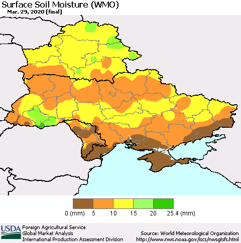 Ukraine, Moldova and Belarus Surface Soil Moisture (WMO) Thematic Map For 3/23/2020 - 3/29/2020