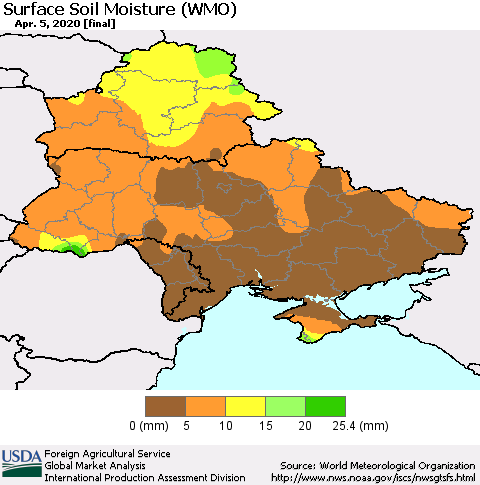 Ukraine, Moldova and Belarus Surface Soil Moisture (WMO) Thematic Map For 3/30/2020 - 4/5/2020