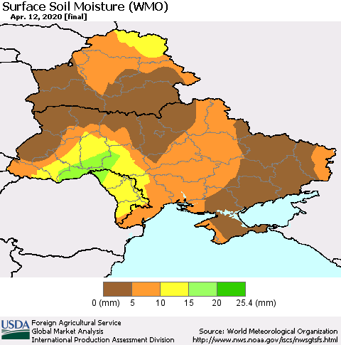 Ukraine, Moldova and Belarus Surface Soil Moisture (WMO) Thematic Map For 4/6/2020 - 4/12/2020