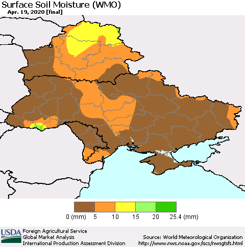 Ukraine, Moldova and Belarus Surface Soil Moisture (WMO) Thematic Map For 4/13/2020 - 4/19/2020