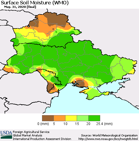Ukraine, Moldova and Belarus Surface Soil Moisture (WMO) Thematic Map For 5/25/2020 - 5/31/2020