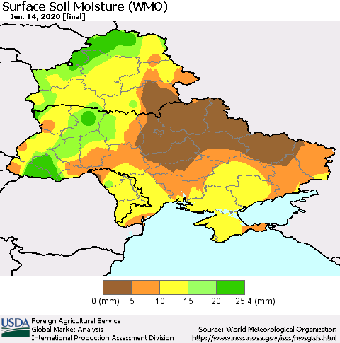 Ukraine, Moldova and Belarus Surface Soil Moisture (WMO) Thematic Map For 6/8/2020 - 6/14/2020