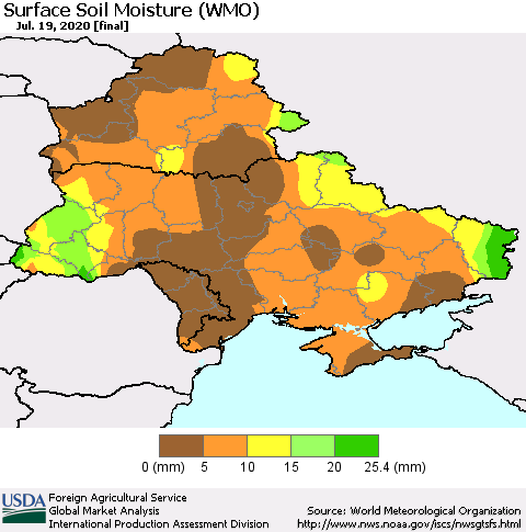 Ukraine, Moldova and Belarus Surface Soil Moisture (WMO) Thematic Map For 7/13/2020 - 7/19/2020