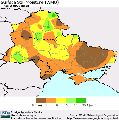 Ukraine, Moldova and Belarus Surface Soil Moisture (WMO) Thematic Map For 7/27/2020 - 8/2/2020