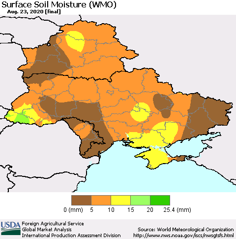 Ukraine, Moldova and Belarus Surface Soil Moisture (WMO) Thematic Map For 8/17/2020 - 8/23/2020