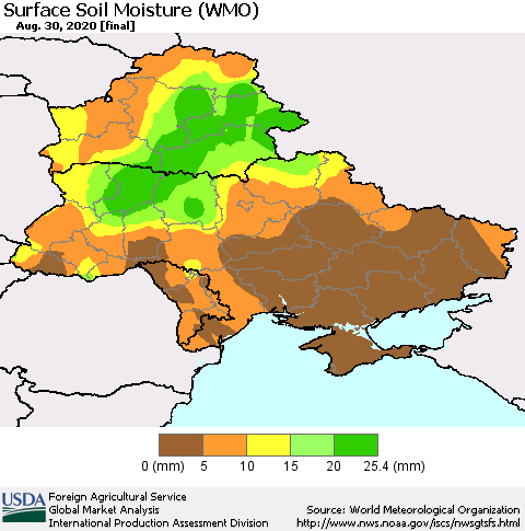 Ukraine, Moldova and Belarus Surface Soil Moisture (WMO) Thematic Map For 8/24/2020 - 8/30/2020