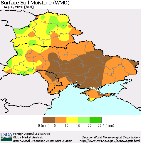 Ukraine, Moldova and Belarus Surface Soil Moisture (WMO) Thematic Map For 8/31/2020 - 9/6/2020