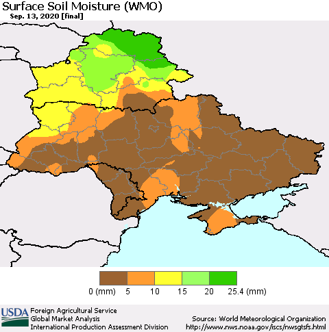 Ukraine, Moldova and Belarus Surface Soil Moisture (WMO) Thematic Map For 9/7/2020 - 9/13/2020