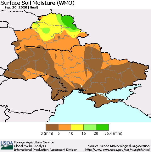 Ukraine, Moldova and Belarus Surface Soil Moisture (WMO) Thematic Map For 9/14/2020 - 9/20/2020