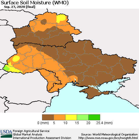 Ukraine, Moldova and Belarus Surface Soil Moisture (WMO) Thematic Map For 9/21/2020 - 9/27/2020
